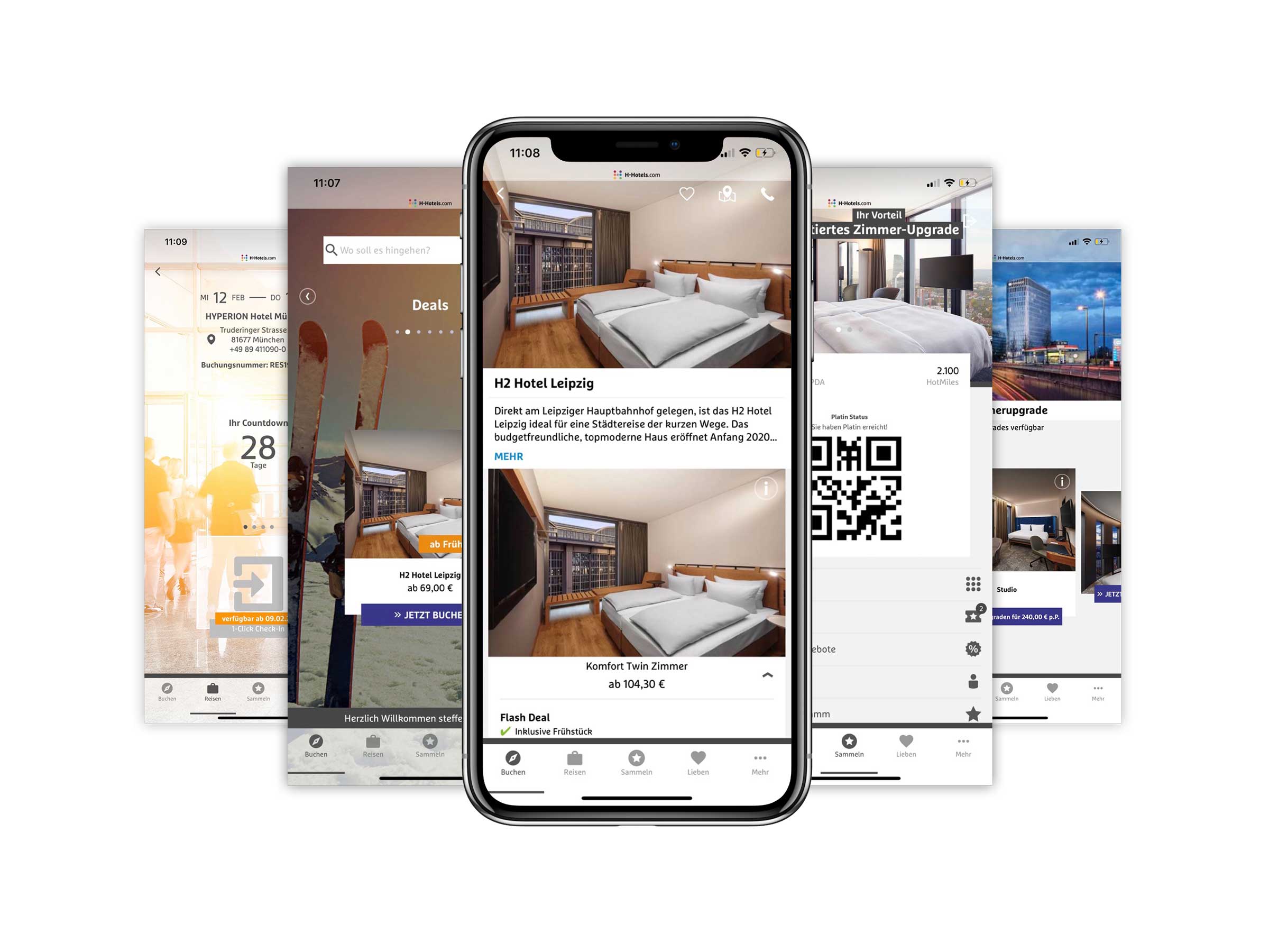 Screens der H-Hotels-App; hier im Mockup mit einem iPhone