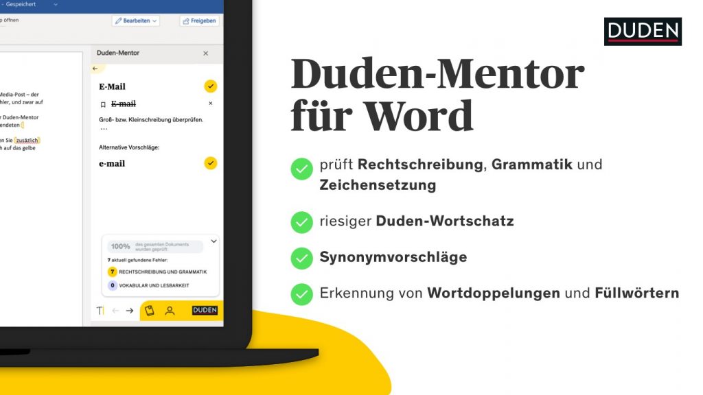 Screenshot: Duden-Mentor-Funktionalität steht direkt in einer Seitenleiste in Microsoft Word zur Verfügung