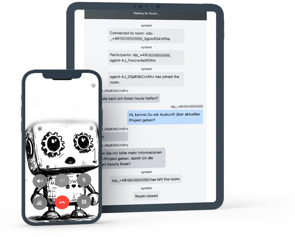 Mayflower Voice AI in Aktion. Auf dem Phone sieht man das Telefonat mit der AI, auf dem Tablet wird dargestellt, was im Hintergrund passiert