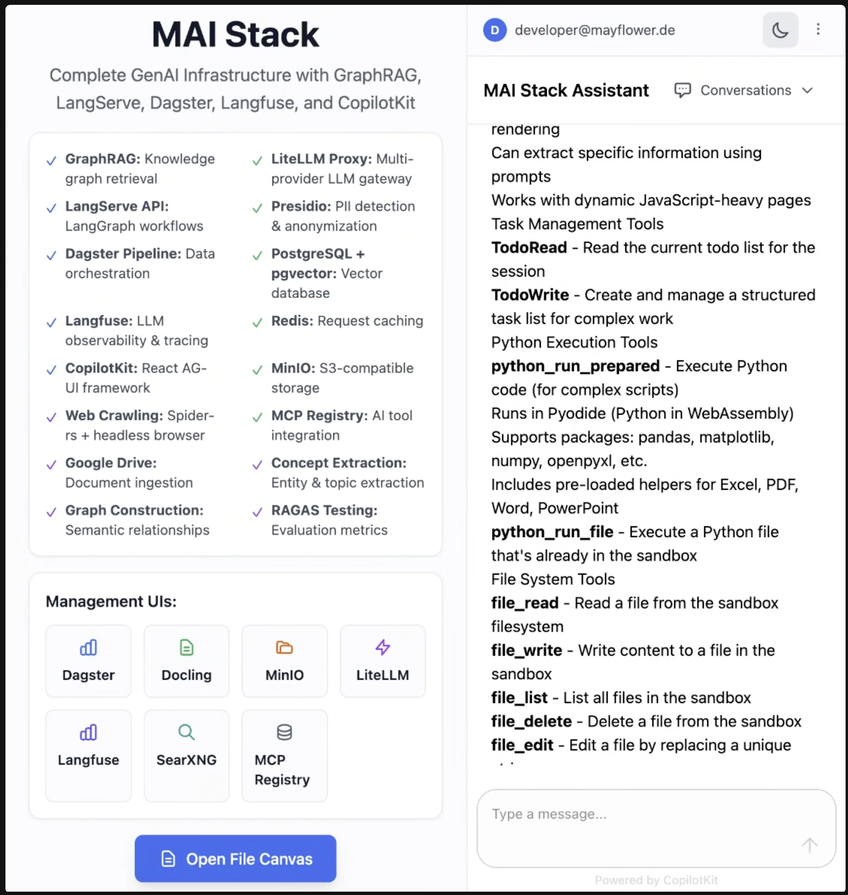 Übersicht der integrierten Tools in mAIstack
